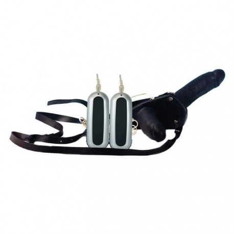 Vibratore Indossabile Strap-On Doppio con Cintura in Lattice - Nero