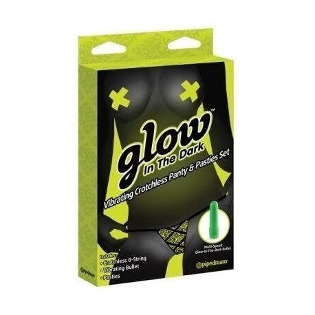 Mutandine Vibranti Glow in The Dark Vibrating Crotchless Panty And Pasties Set